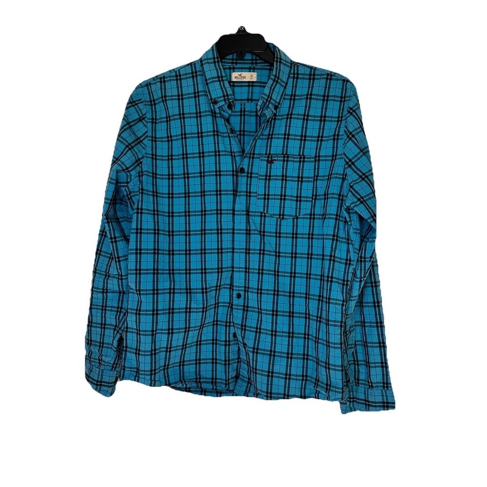 Hollister Button-Up‎ Shirt Men's Size XL TEAL PLAID  Long Sleeve Collared Cotton